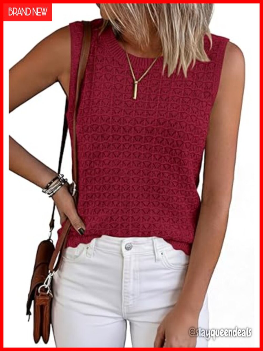 Crochet Sleeveless Sweater Vest Crew Neck Knit Tank Top Women